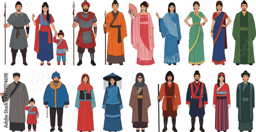 Traditional Asian clothing set with cultural garments, robes, kimonos, hanboks, saris, accessories and heritage icons, flat vector illustration