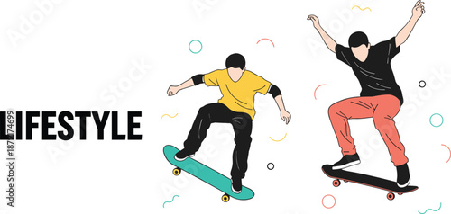 Skateboarding lifestyle illustration, airborne tricks, bold colors, youth culture, dynamic movement, vector art, flat design, urban vibe, cartoon characters