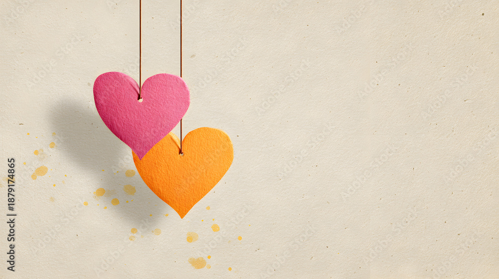 Naklejka premium un fondo claro con espacio de copia para diseño o tarjeta de amor o celebraciones de san valentin con dos corazones de madera colgantes 