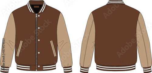 Varsity jacket front and back, fashion design, brown sleeves, striped collar, casual wear, flat vector illustration, apparel, outerwear, style