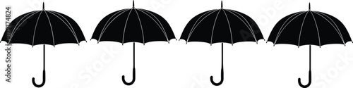 Umbrella silhouette set, black curved handle icons, segmented canopy design, rain protection symbols, minimal style, flat vector illustration