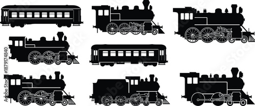 Vintage steam locomotives and passenger train silhouettes, historical railway transport icons, black vector set, flat vector illustration, antique trains