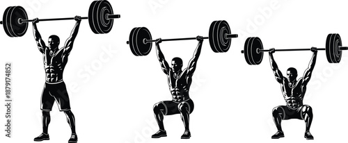 Weightlifting athlete performing overhead barbell exercises progression, strength training, fitness workout, squat and jerk poses, gym concept, flat vector illustration