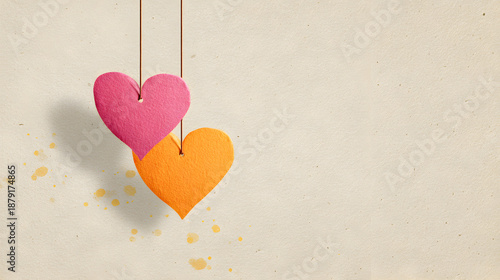 un fondo claro con espacio de copia para diseño o tarjeta de amor o celebraciones de san valentin con dos corazones de madera colgantes 