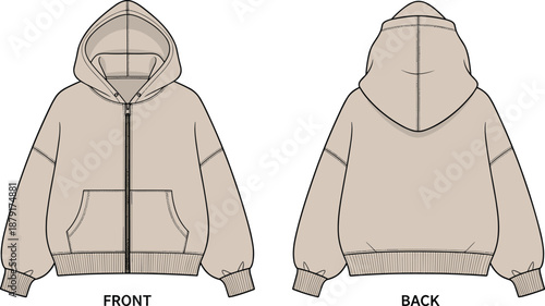 Zip-up hoodie sketch, front and back views, kangaroo pockets, ribbed cuffs, fashion technical drawing, flat vector illustration