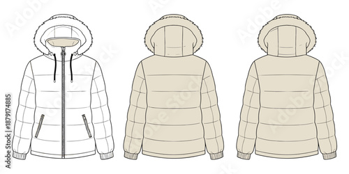 Winter jacket sketch, hooded outerwear, quilted design, zipper, faux fur trim, fashion technical drawing, flat vector illustration