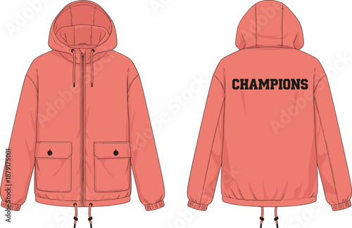 Coral hooded jacket front and back view, zipper, flap pockets, drawstring, elastic cuffs, bold text, sporty fashion, flat vector illustration