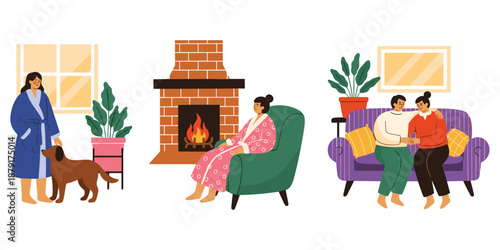 Cozy indoor lifestyle scenes with people, pets, fireplace, window light, warm moments and plants – flat vector illustration