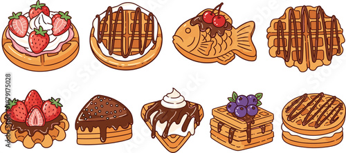 Creative waffle desserts with toppings, chocolate drizzle, whipped cream, strawberry, blueberry, snack variety, sweet food collection, flat vector illustration