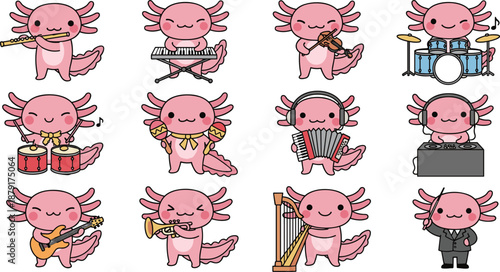 Cute axolotl characters playing various musical instruments in an adorable cartoon style, perfect for kids, education, and creative projects, flat vector illustration
