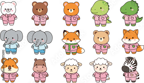 Cute cartoon animals in colorful pajamas, bedtime theme, chibi style characters, cozy sleepwear design, children’s content asset, flat vector illustration