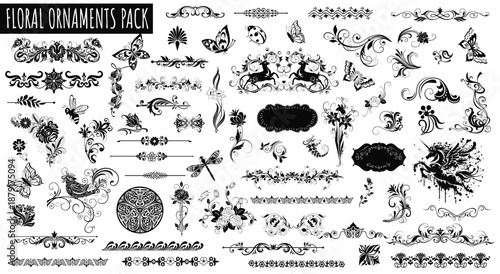 Floral Ornaments Mixed Pack: Array of intricate floral ornaments, perfect for adding a touch of elegance & artistic flair to any design project. Featuring various floral, butterfly, and other elements