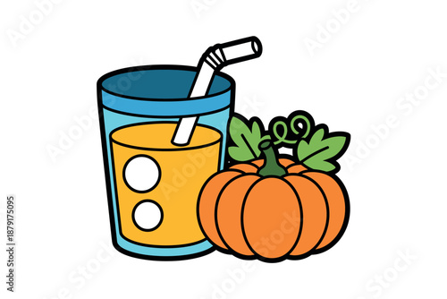 Cartoon illustration of pumpkin and orange juice in glass with straw on white background