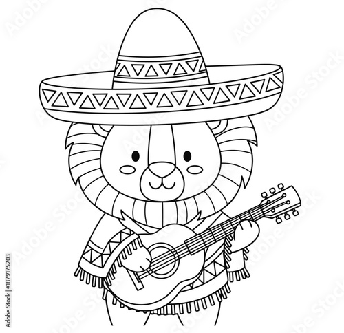 Cute lion wearing sombrero and poncho while playing guitar, festive animal character for children’s designs and coloring pages, flat vector illustration