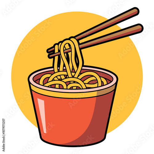 Colorful illustration of noodles in bowl with chopsticks, Asian food and cuisine concept