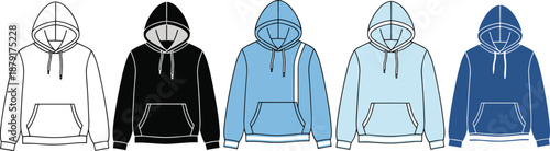 Five hoodies in assorted colors and styles, fashion outerwear lineup, casual clothing theme, flat vector illustration, garment design set