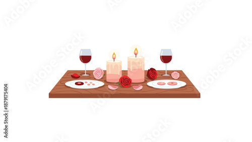 Exquisite romantic dinner setting arranged on a rustic wooden table, complete with flickering candles, elegant wine glasses, delicate plates, and scattered rose petals.
