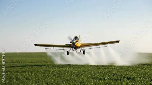 Yellow crop duster agricultural airplane flying low over a green field, spraying chemicals for farm cultivation