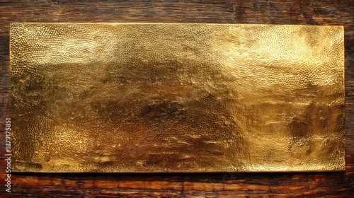 Golden metal slab with hammered texture and warm gleam on dark wood surface   