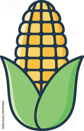 Stylized Yellow Corn Cob with Green Leaves on White Background maize grain