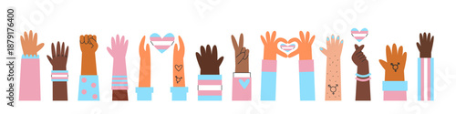Transgender hands banner, awareness and visibility banner. Cisgender and genderqueer silhouettes with trans flag colors and symbols. Diversity concept.