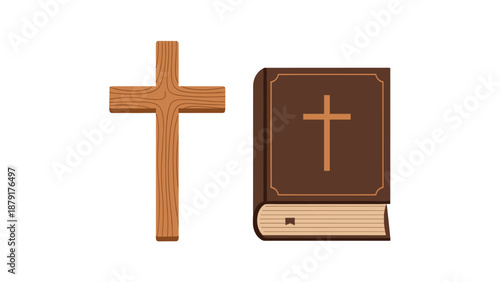Clear illustration featuring a standalone wooden cross positioned beside a brown book, prominently displaying a cross on its cover, representing Christian faith.