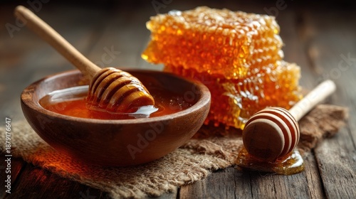 Honey in honeycombs top view Fresh honey in honeycombs lies in a bowl on a wooden table close up on a summer sunny day Organic honey production Beekeeping   