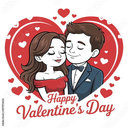 Happy valentine s day with cartoon couple in love heart romantic celebration wishes affection relationship engagement wedding anniversary
