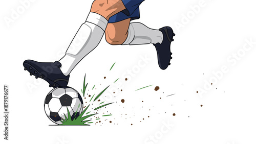 Dynamic close-up shot capturing a soccer player's powerful leg in action, forcefully kicking a soccer ball, sending grass and dirt flying.