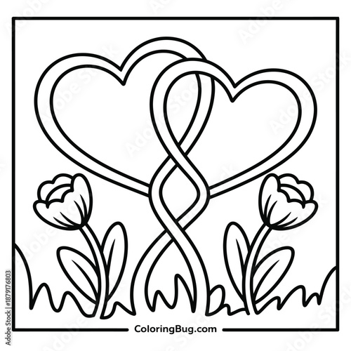 Two hearts entwined in outline style surrounded by flowers, coloring page design for valentine's day and love theme, vector illustration for kids and adults