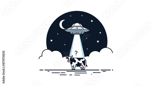 Playful illustration of a UFO's beam abducting a perplexed cow, indicated by a question mark, set against a serene starry night sky with clouds and a crescent moon.