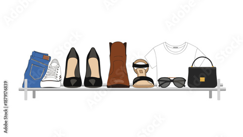 Organized shelf displaying a curated selection of fashion essentials, including denim jeans, sneakers, high heels, boots, a mannequin head, a white t-shirt, stylish sunglasses, and a chic handbag.