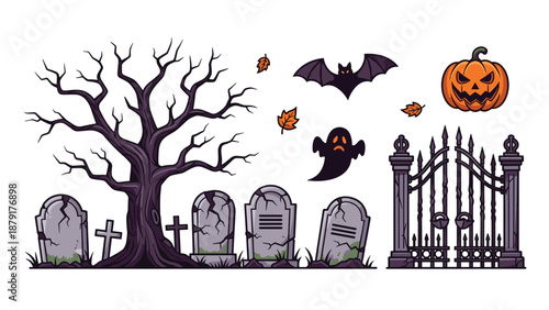 Spooky Halloween scene featuring a gnarled bare tree, weathered gravestones, an ominous iron gate, a grinning pumpkin, a flying bat, and a ghostly apparition.
