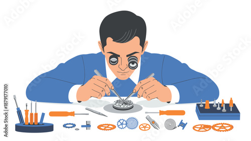 Skilled watchmaker or jeweler meticulously engaged in the intricate process of repairing a delicate watch movement, utilizing specialized tools and a precision loupe.