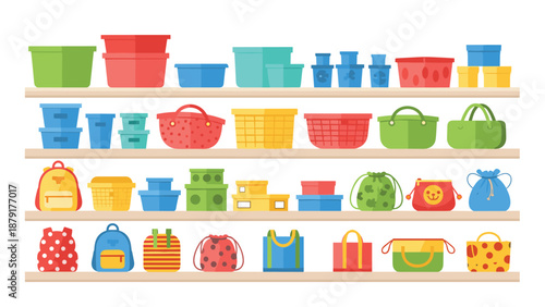Extensive display of multiple shelves abundantly filled with a wide variety of colorful storage containers, practical baskets, and stylish bags.