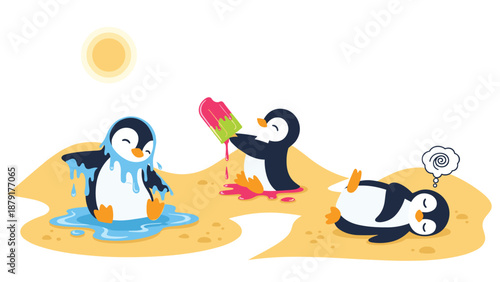 Humorous depiction of three penguins struggling with extreme heat on a sandy beach: one melting, another enjoying ice cream, and the third sleeping exhaustedly under a scorching sun.