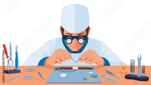 Dedicated watchmaker or jeweler, dressed in a professional lab coat and wearing a precision loupe, diligently working on a watch with an array of specialized tools.