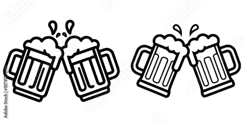 Clinking Beer Mugs Line Icon – Cheers Celebration Symbol, Bar and Party Outline Vector on White Background