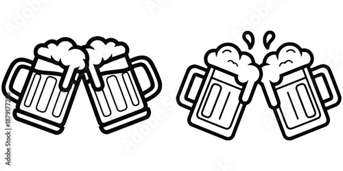 Clinking Beer Mugs Line Icon – Cheers Celebration Symbol, Bar and Party Outline Vector on White Background
