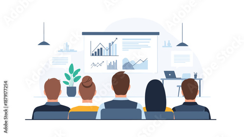 Engaged group of diverse professionals seated with their backs to the viewer, attentively observing a business presentation featuring dynamic charts and graphs on a large screen.