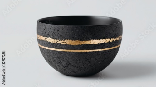 Modern black ceramic bowl chic gold band elegant kitchenware home decor on white background    