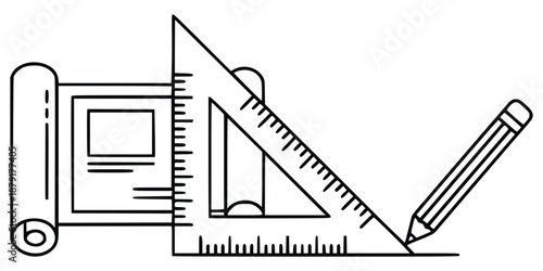 Architectural Drafting Tools Line Icon Set – Ruler, Triangle Scale and Pencil in Minimal Black Outline Vector Illustration 