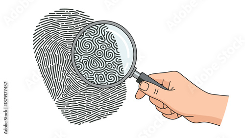 Detailed illustration of a magnifying glass held by a hand, meticulously examining the intricate patterns and unique details of a human fingerprint.