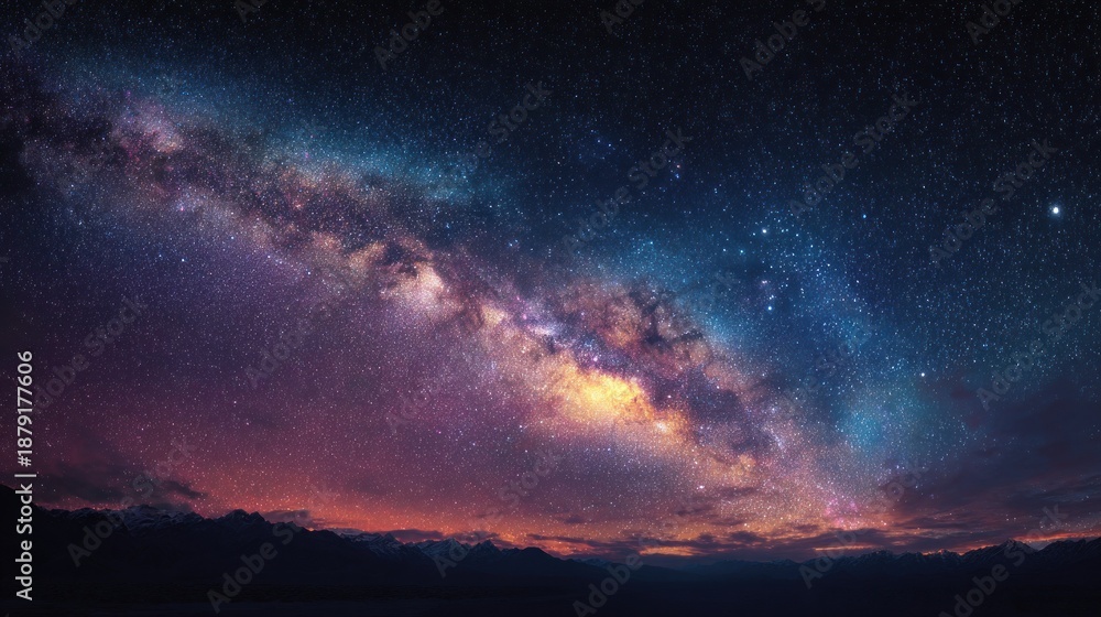 Obraz premium Night sky filled with colorful stars and the Milky Way galaxy Background of the starry sky with a panoramic view Ideal for a copy space image
