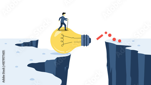 Symbolic illustration of a person carefully walking across a treacherous gap between snowy cliffs, utilizing a glowing lightbulb as a creative and innovative bridge.