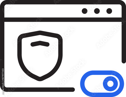 Web browser with shield icon and toggle switch symbolizing online security and privacy settings.