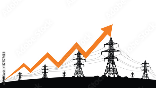 Striking visual combining electricity pylons with a prominent upward-trending orange arrow graph, powerfully symbolizing rising energy costs, increasing demand, or market growth.