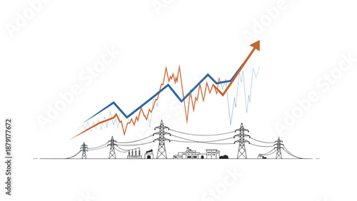 Complex illustration featuring electricity pylons and a stylized cityscape, overlaid with an upward-trending, fluctuating graph, symbolizing dynamic energy market trends and economic growth.