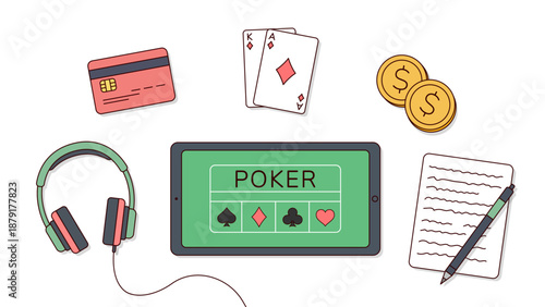 Online poker concept with tablet table, playing cards, coins, credit card, headphones and notepad, flat vector illustration of gambling, casino and betting app interface.