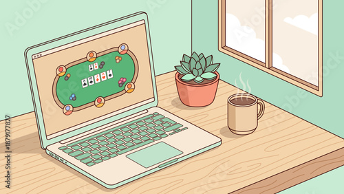 Laptop with online Poker Game Texas Holdem table screen on wooden desk, cozy home gambling office window view, flat vector illustration of remote gaming.